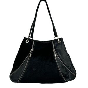 Roberta Gandolfi Black Leather & Calf Hair Hobo Bag Embossed Reptile & Zippers